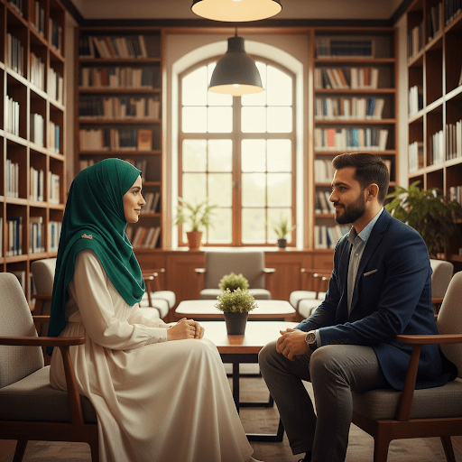 A couple sharing a quiet moment in a sunlit garden library