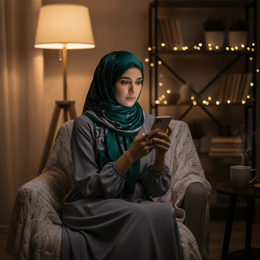 Woman using a secure device in a warm home environment
